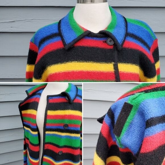 Talbots Vintage 90s Primary Rainbow Striped Double Breasted Wool Cardigan Coat S - Picture 4 of 8